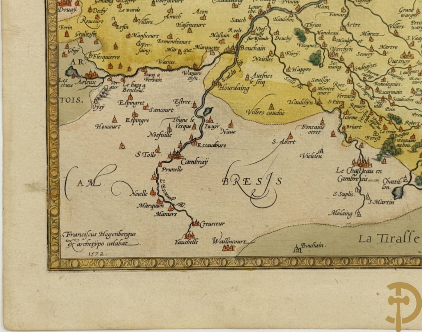 Oud handgekleurde kaart van Ortelius, zicht op Henegouwen, 1572