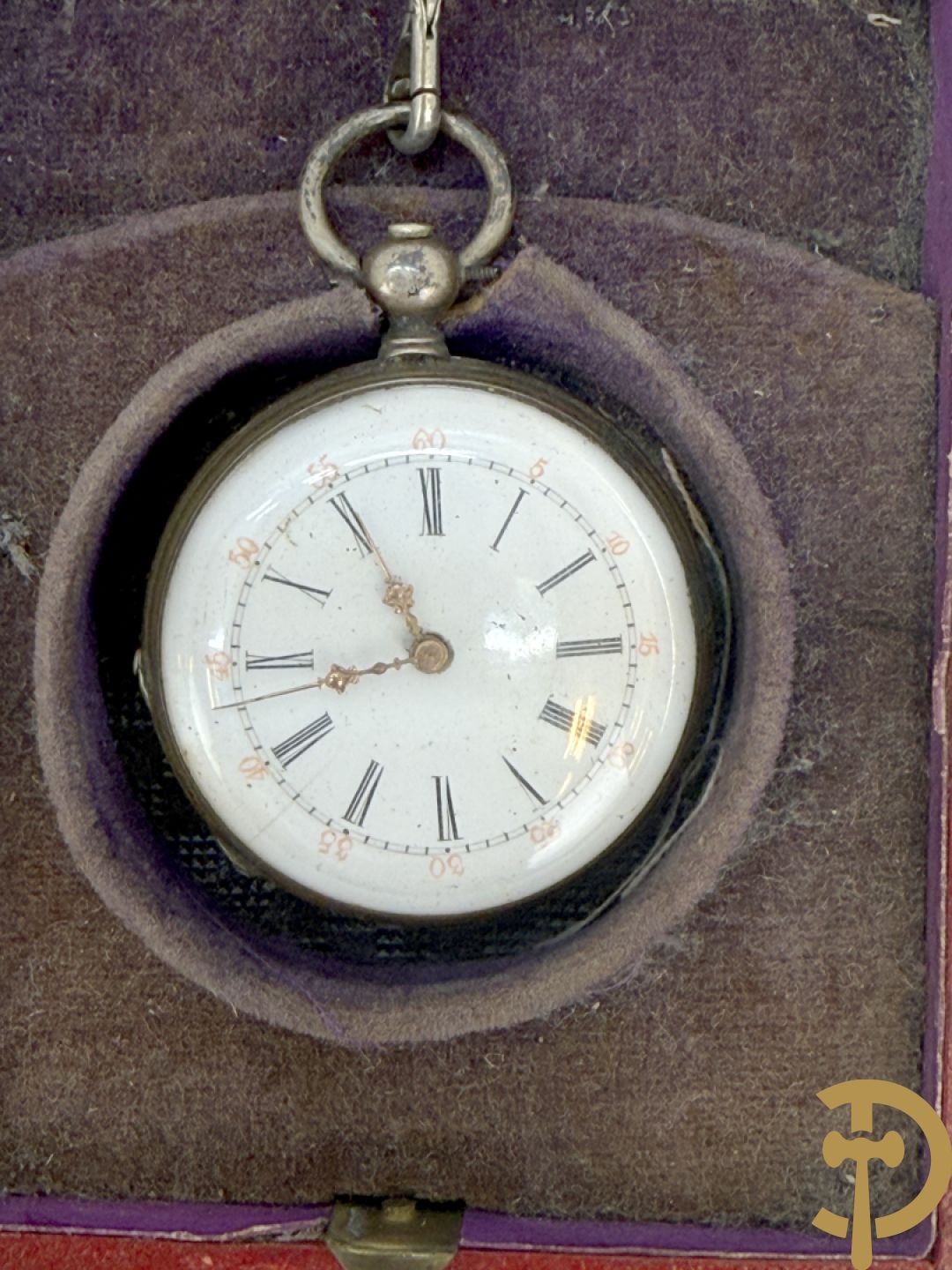 Zes zakhorloges w.o. 1 zilveren en Roskopf + horlogekettingen