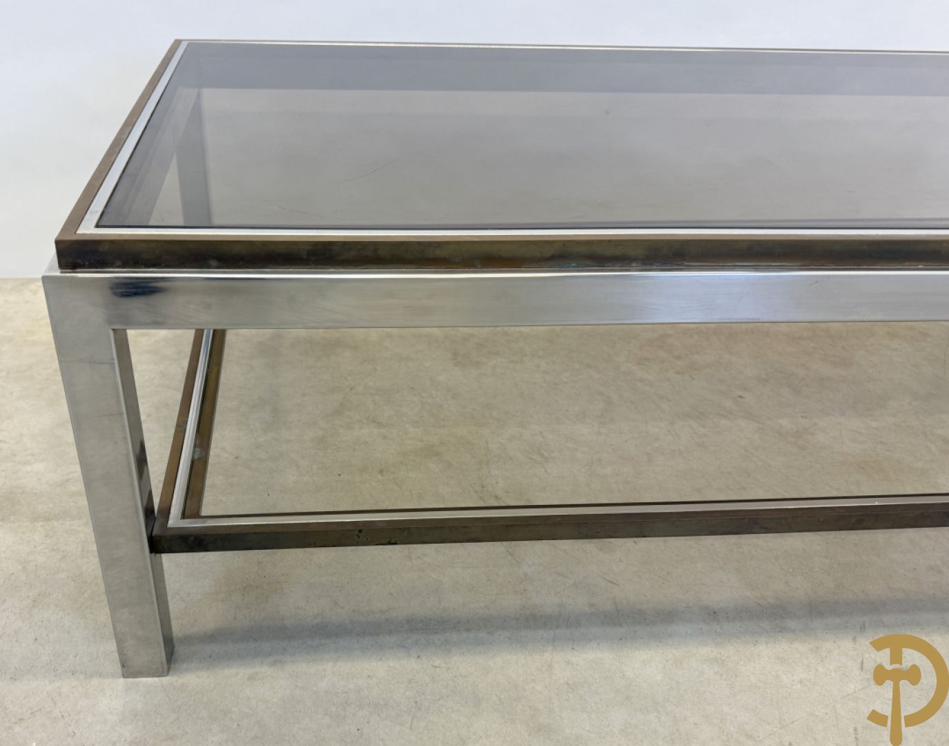 Salontafel met fumé glazen blad, koper en chromé, Belgochrome