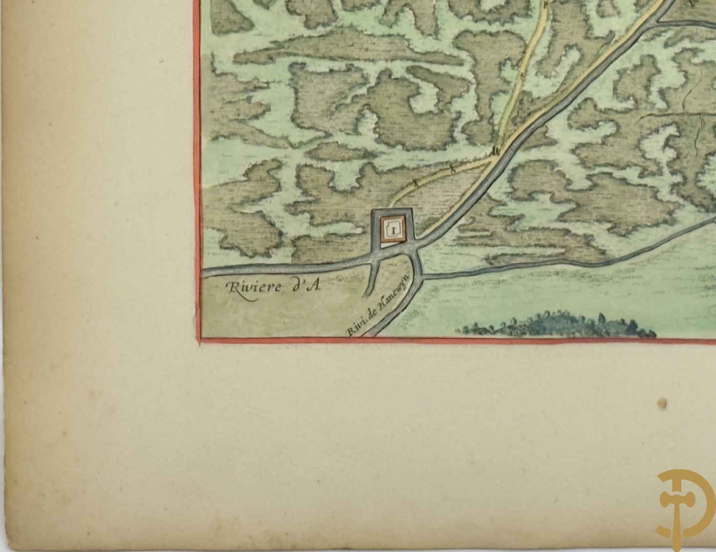 Oude origineel ingekleurde kaart plan du fort de Watten, Blaue