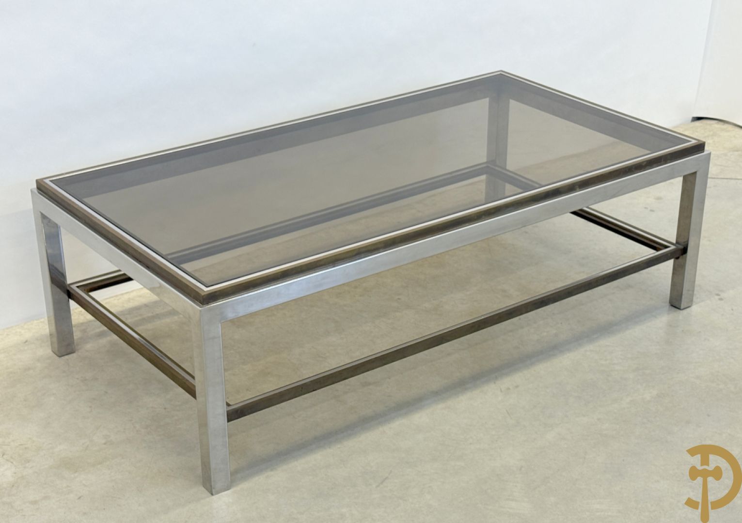 Salontafel met fumé glazen blad, koper en chromé, Belgochrome