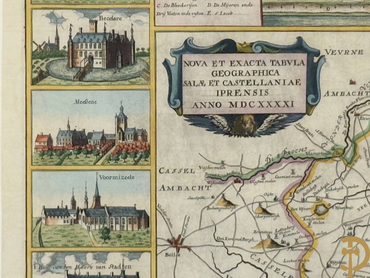 Oude kaart Sanderus met inzet van zicht op stad Ieper en kastelen rond de stad Ieper, 1641