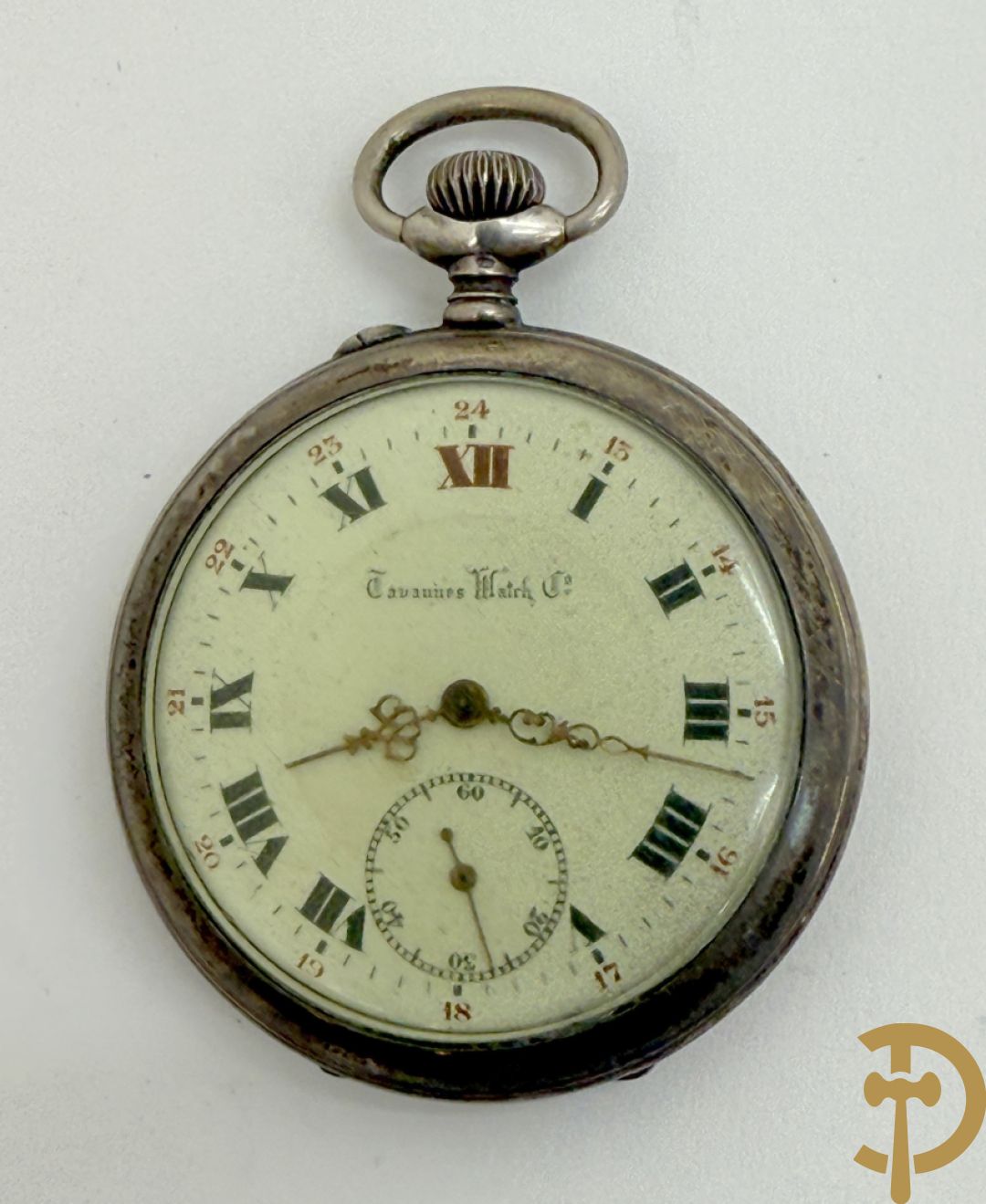 Vier 19e zakhorloges met Romeinse cijfers w.o. zilver + 2 zakhorlogekettingen