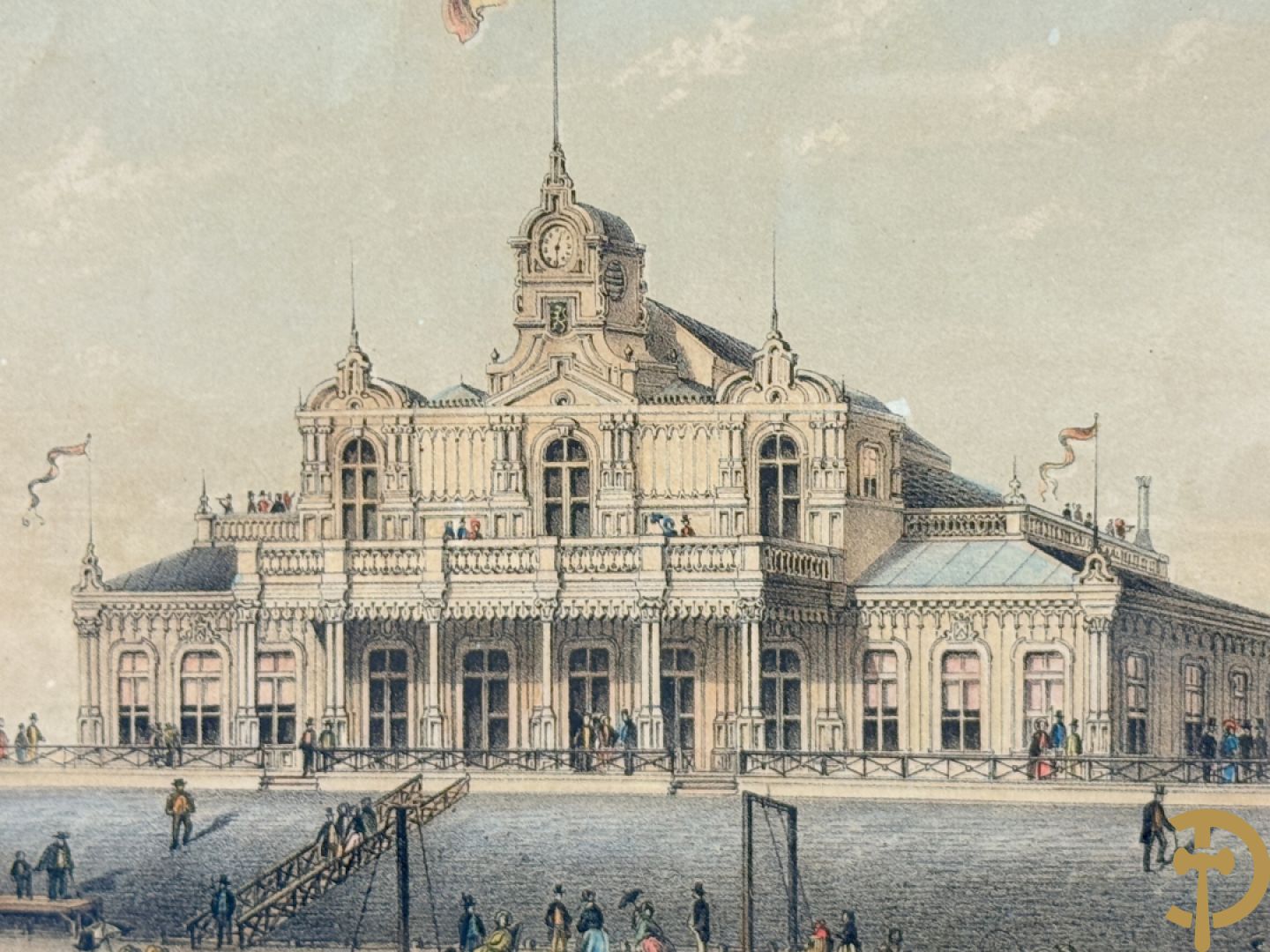 BORREMANS H. (4 stuks) en BUFFA (2 stuks) en CARSE (1 stuk) van - Zeven ingekleurde gravures van Oostende met o.a. Kursaal, vuurtoren, station en pier