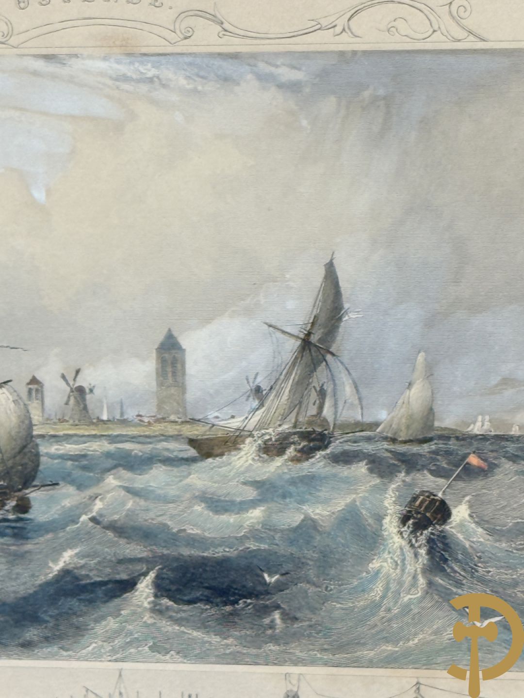 BORREMANS H. (4 stuks) en BUFFA (2 stuks) en CARSE (1 stuk) van - Zeven ingekleurde gravures van Oostende met o.a. Kursaal, vuurtoren, station en pier