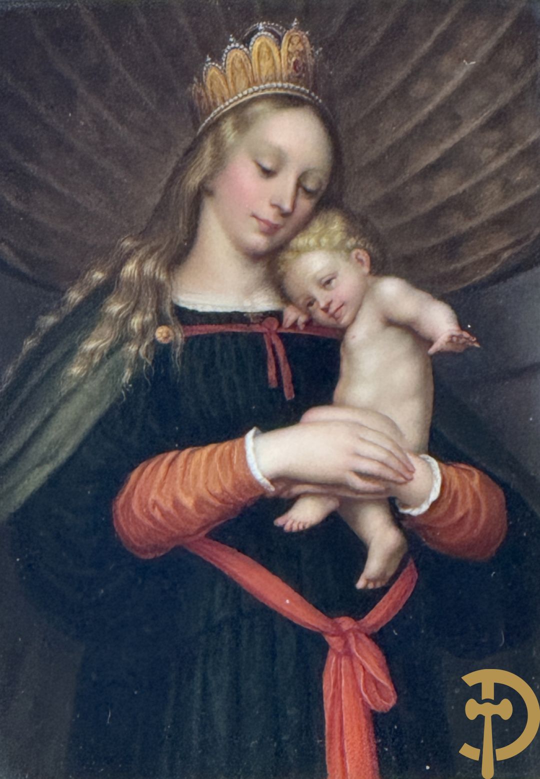 Antieke schilderij met Madonna met kind op porselein beschilderd, naar HOLBEIN