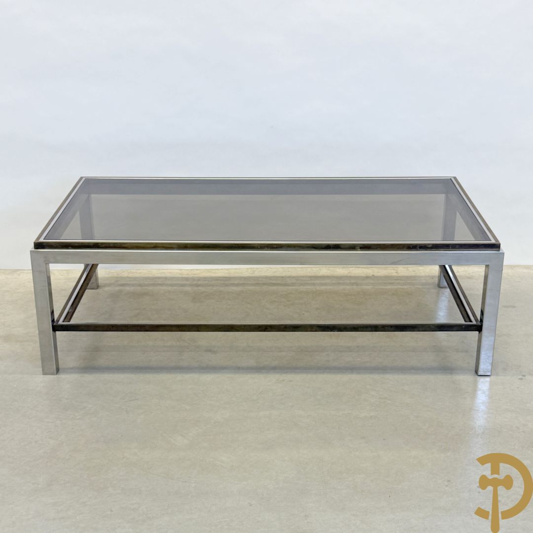Salontafel met fumé glazen blad, koper en chromé, Belgochrome