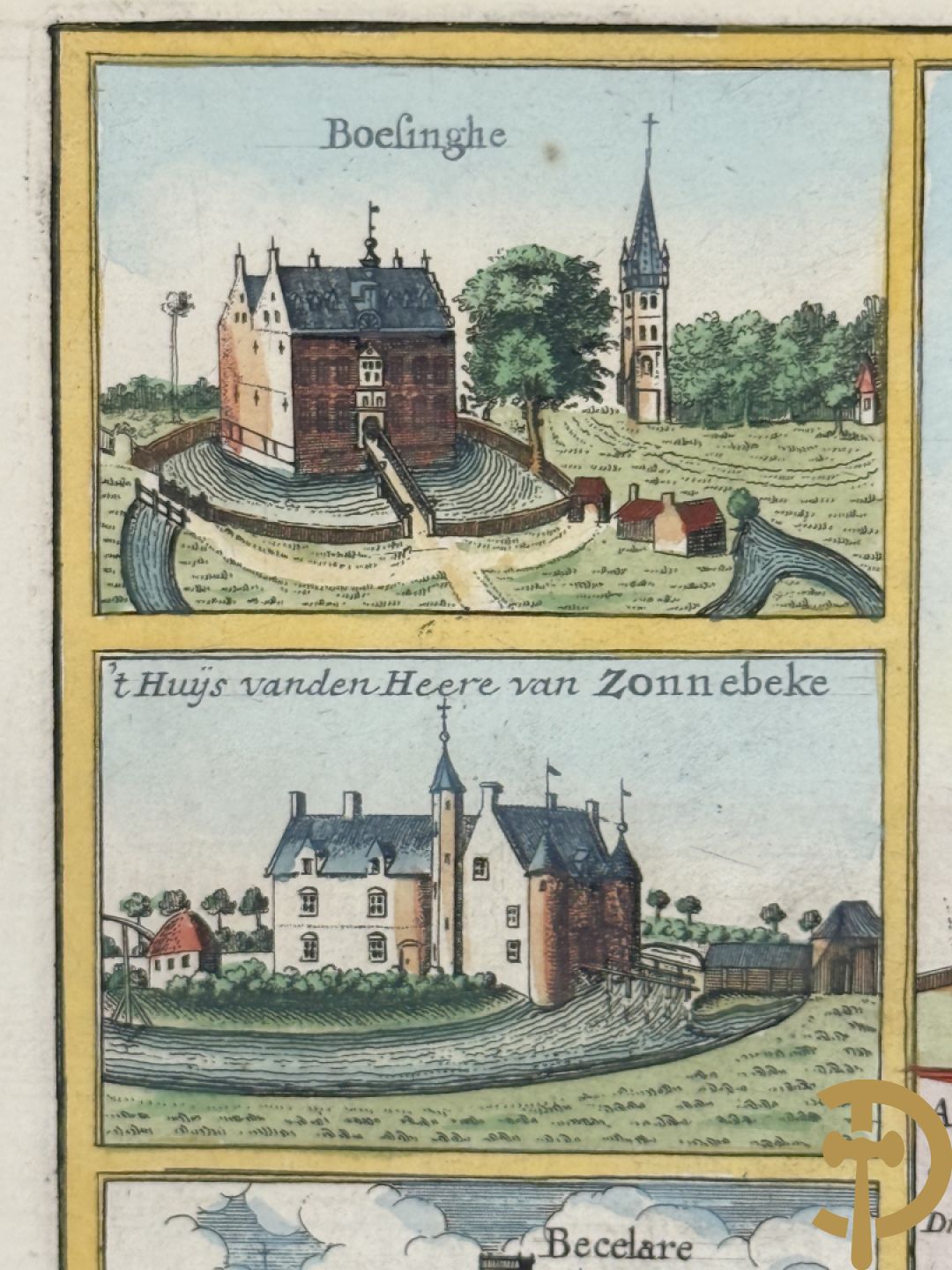 Oude kaart Sanderus met inzet van zicht op stad Ieper en kastelen rond de stad Ieper, 1641