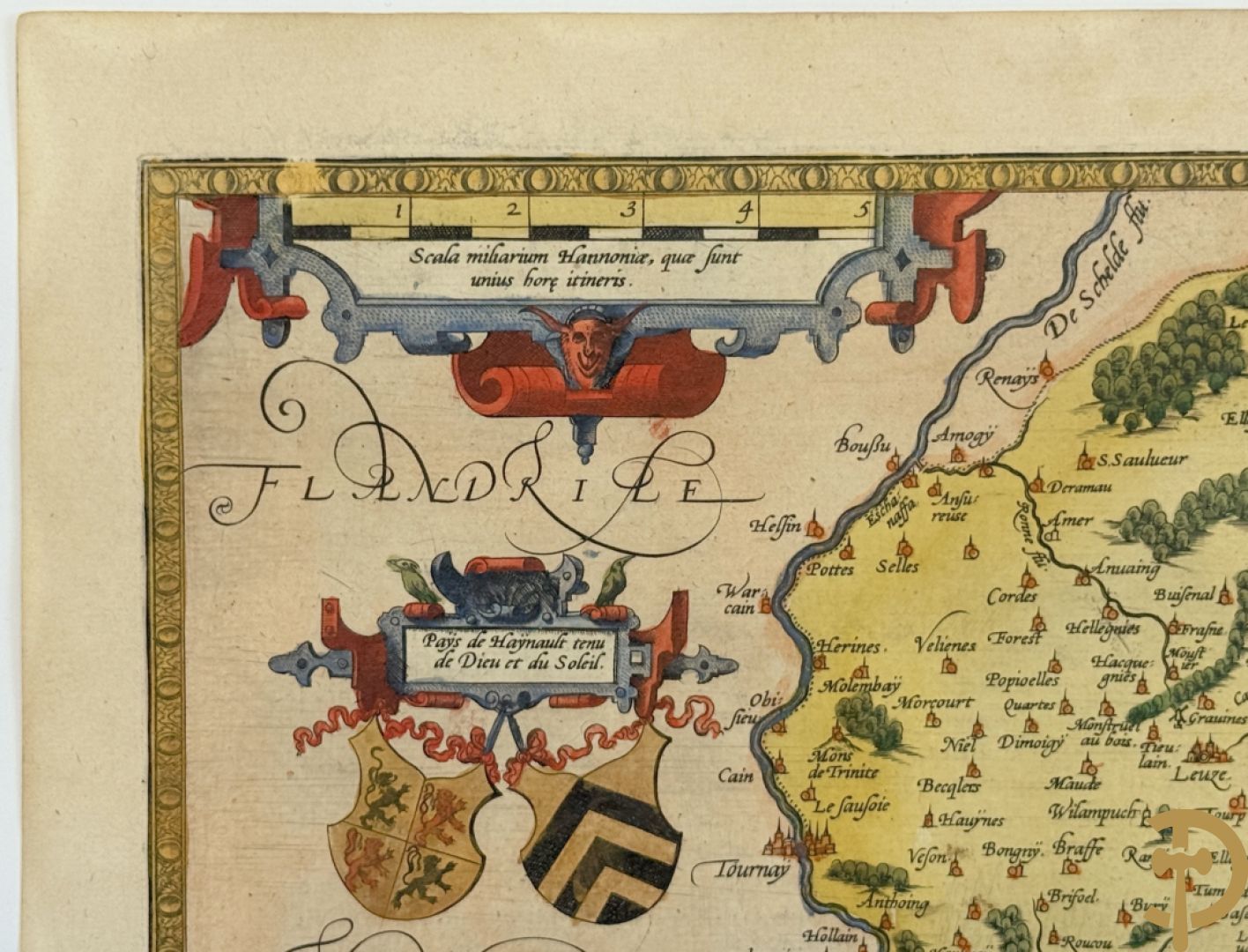 Oud handgekleurde kaart van Ortelius, zicht op Henegouwen, 1572