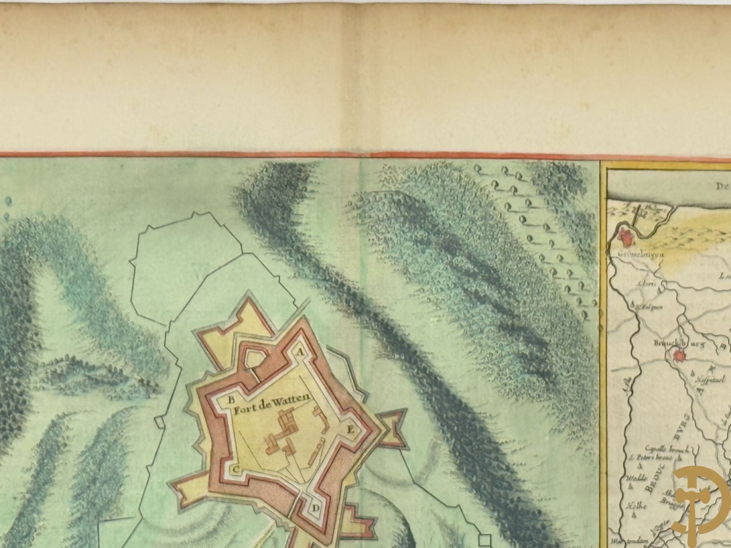 Oude origineel ingekleurde kaart plan du fort de Watten, Blaue