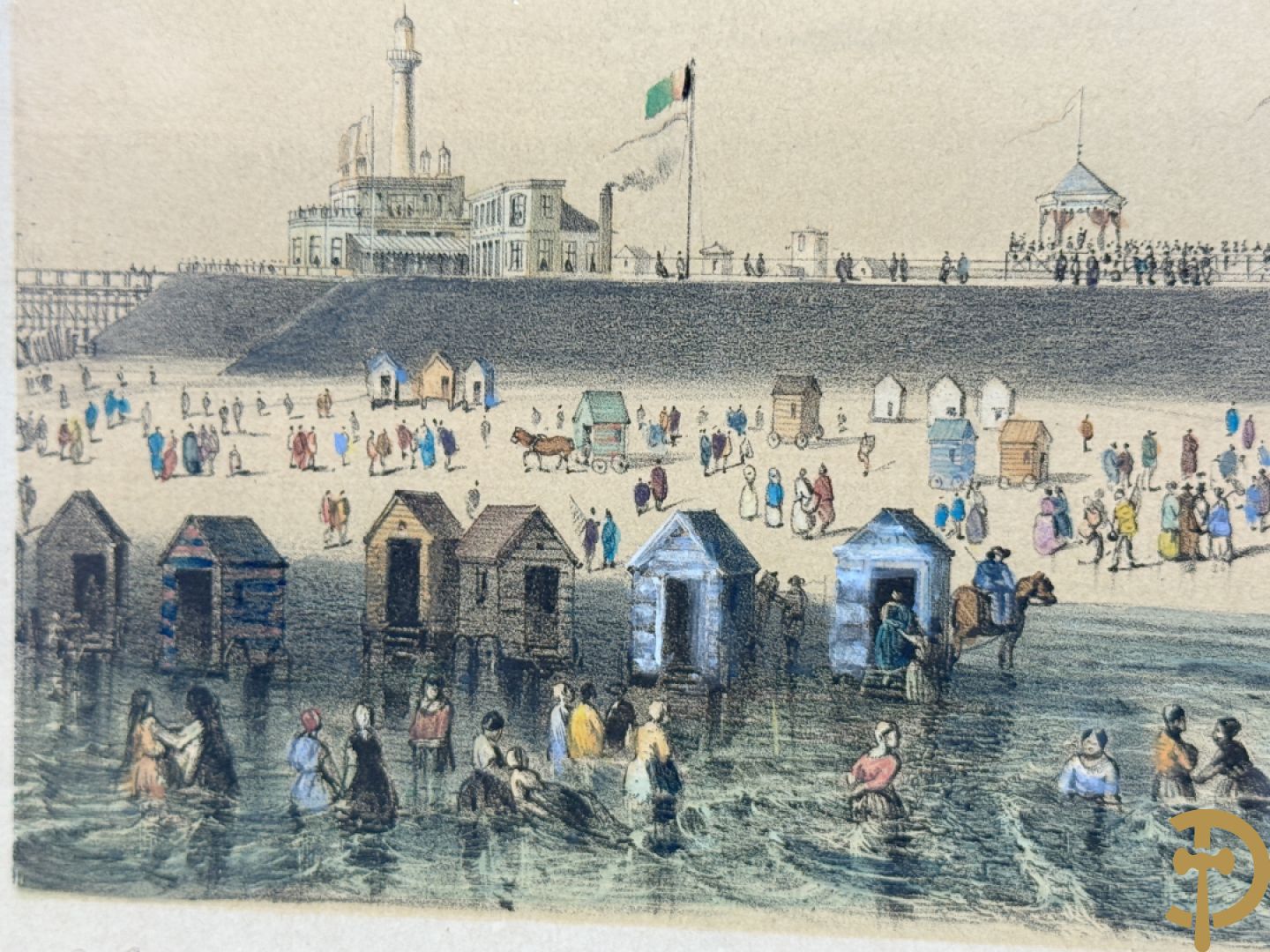 BORREMANS H. (4 stuks) en BUFFA (2 stuks) en CARSE (1 stuk) van - Zeven ingekleurde gravures van Oostende met o.a. Kursaal, vuurtoren, station en pier