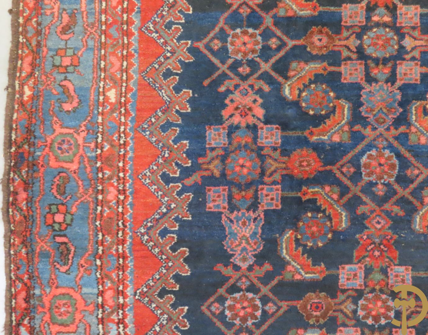 Oosters handgeknoopt tapijt Malayer met geometrisch bloemenpatroon op blauwe fond