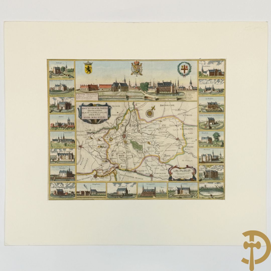 Oude kaart Sanderus met inzet van zicht op stad Ieper en kastelen rond de stad Ieper, 1641