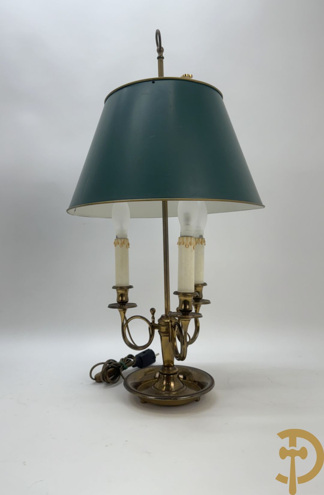 Twee koperen lampes bouillotte, 1 met bovenverlichting en 1 met kaarsenverlichting