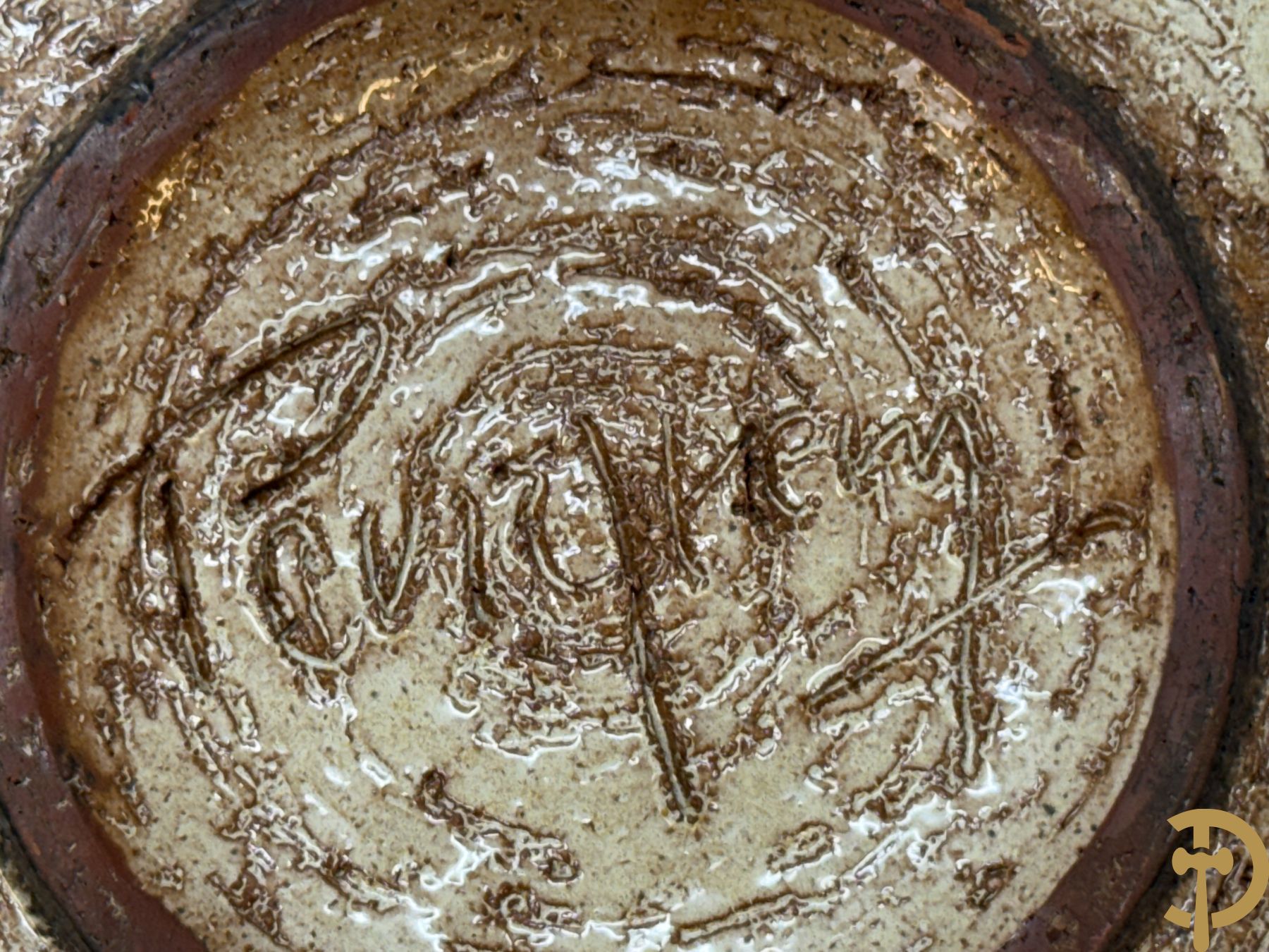 Grote vintage ronde keramieken vaas met geometrische motieven en glazuur, Perignem