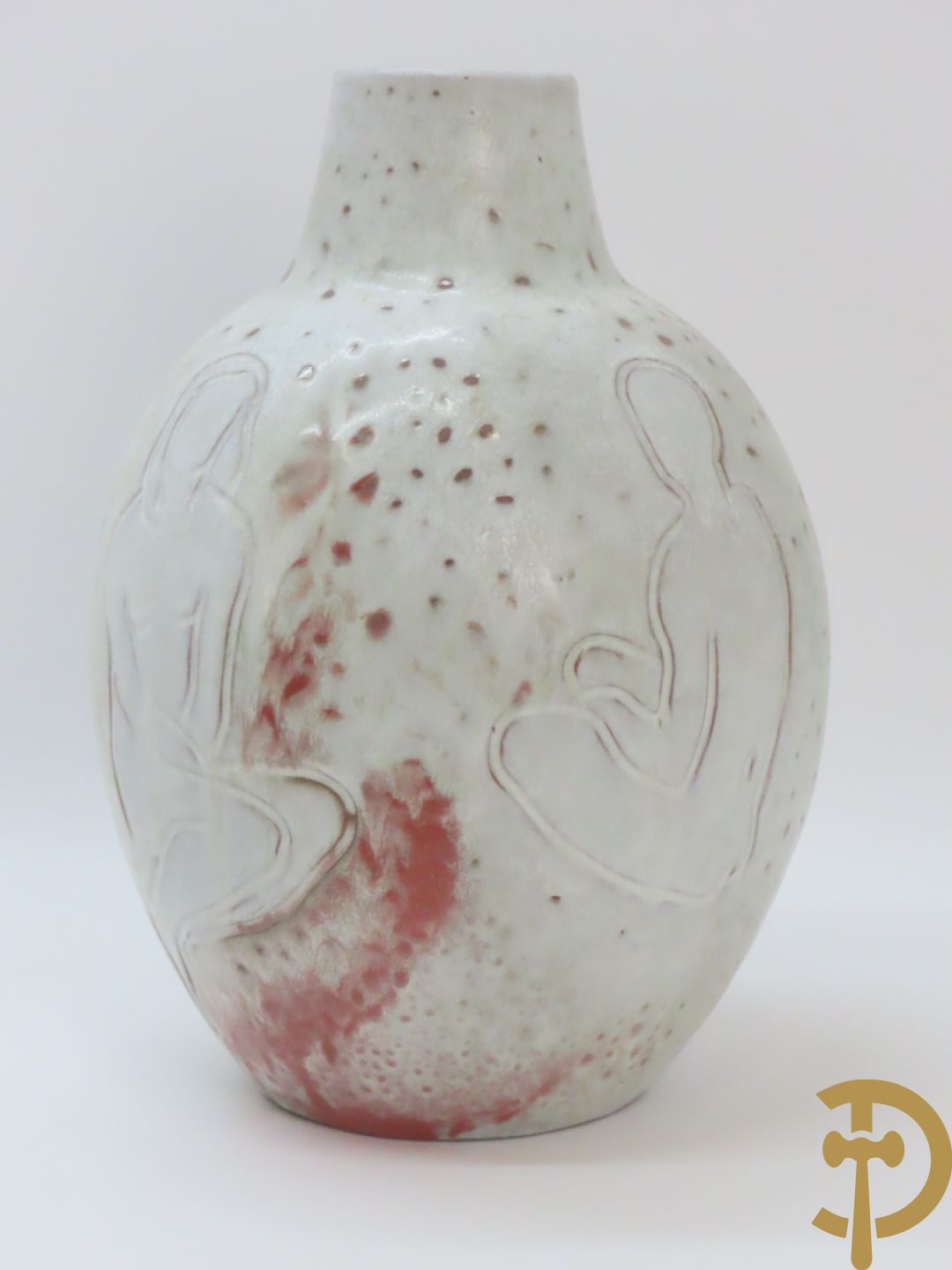 Wit gecraqueleerde design vaas met gestyleerd damesdecor, gemerkt Mobach Utrecht