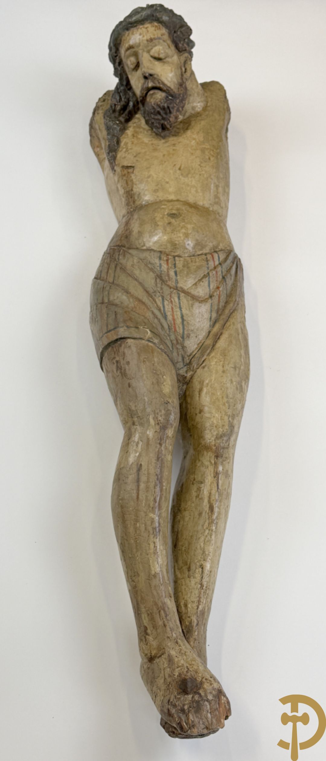 Antieke houtgesculpteerde gepolychromeerde Christus met lenden doek, zonder armen, 16e-17e ?