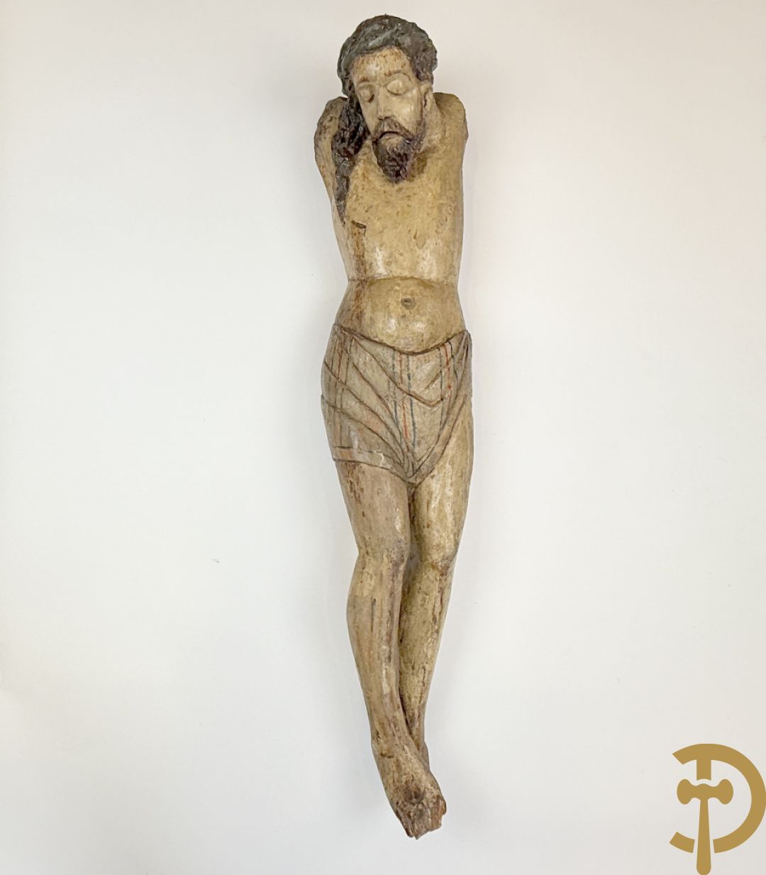 Antieke houtgesculpteerde gepolychromeerde Christus met lenden doek, zonder armen, 16e-17e ?