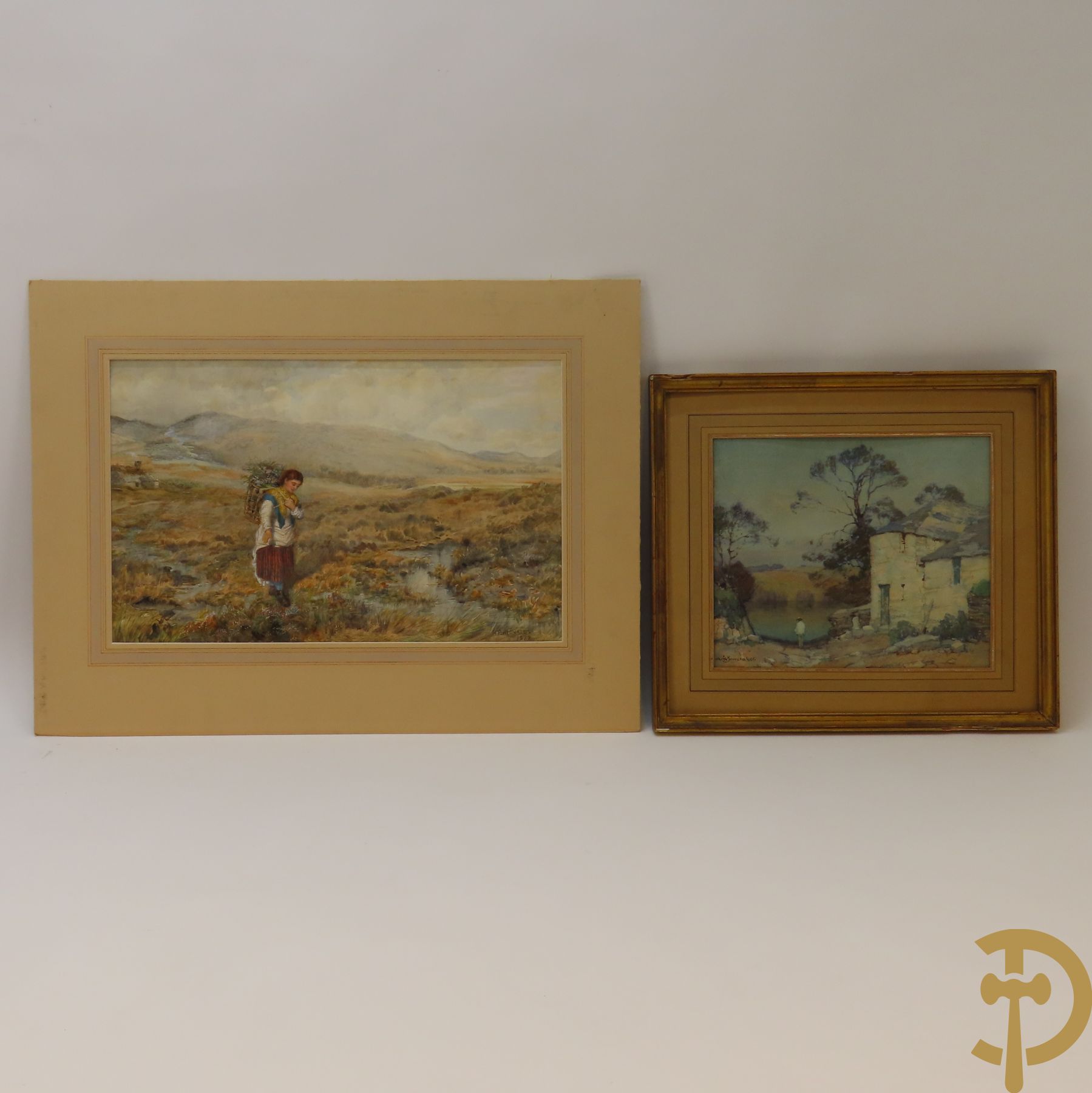DOWERAKER A.M. get. 'Personage bij meer  en burcht' aquarel + RICHARDS R.P. get. 1872 'Houtsprokkelaarster in heuvelachtig landschap' aquarel