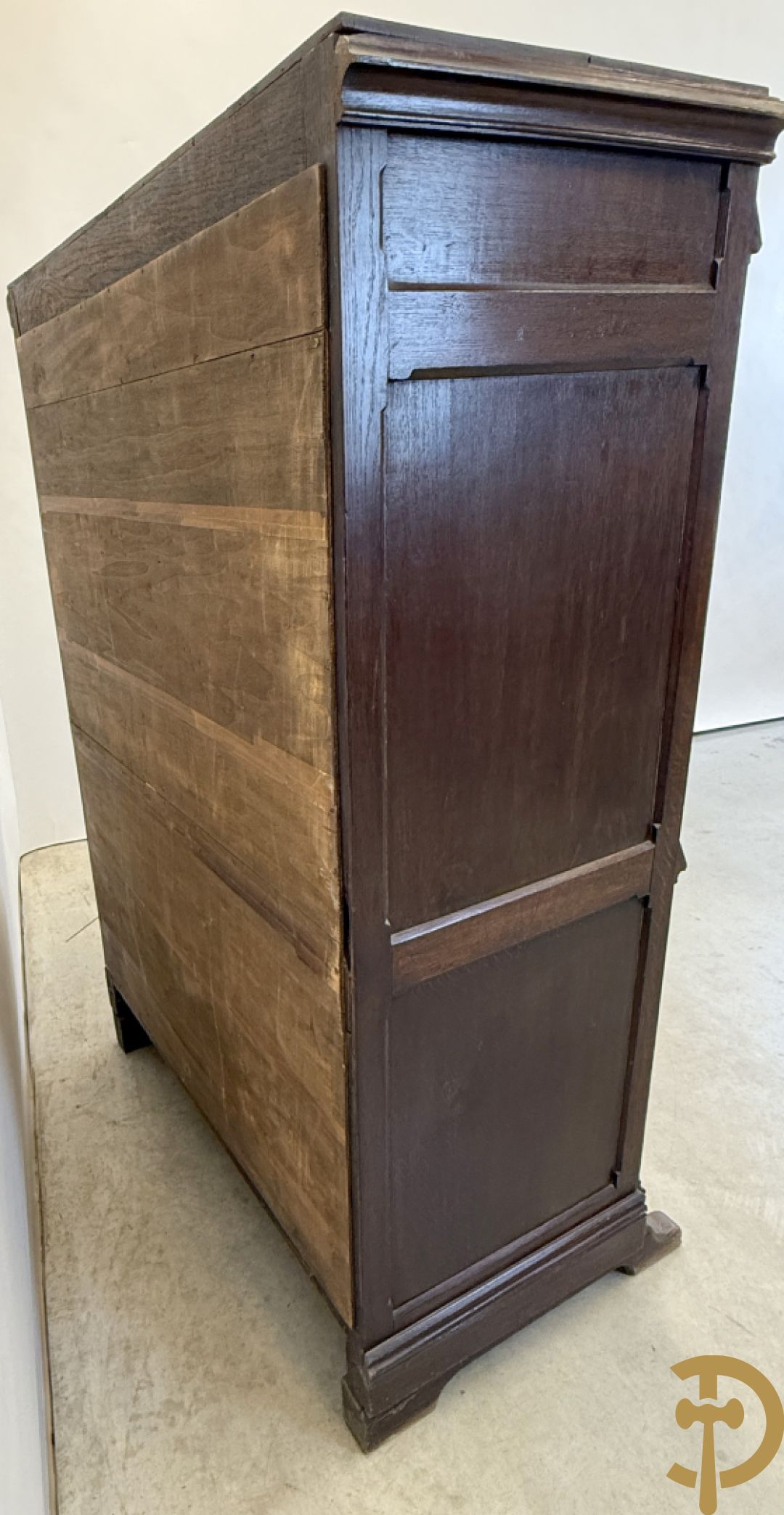 Massief eiken secretaire abattant met lade, klep en 2 deuren, centraal met interieur, Neo Gotisch