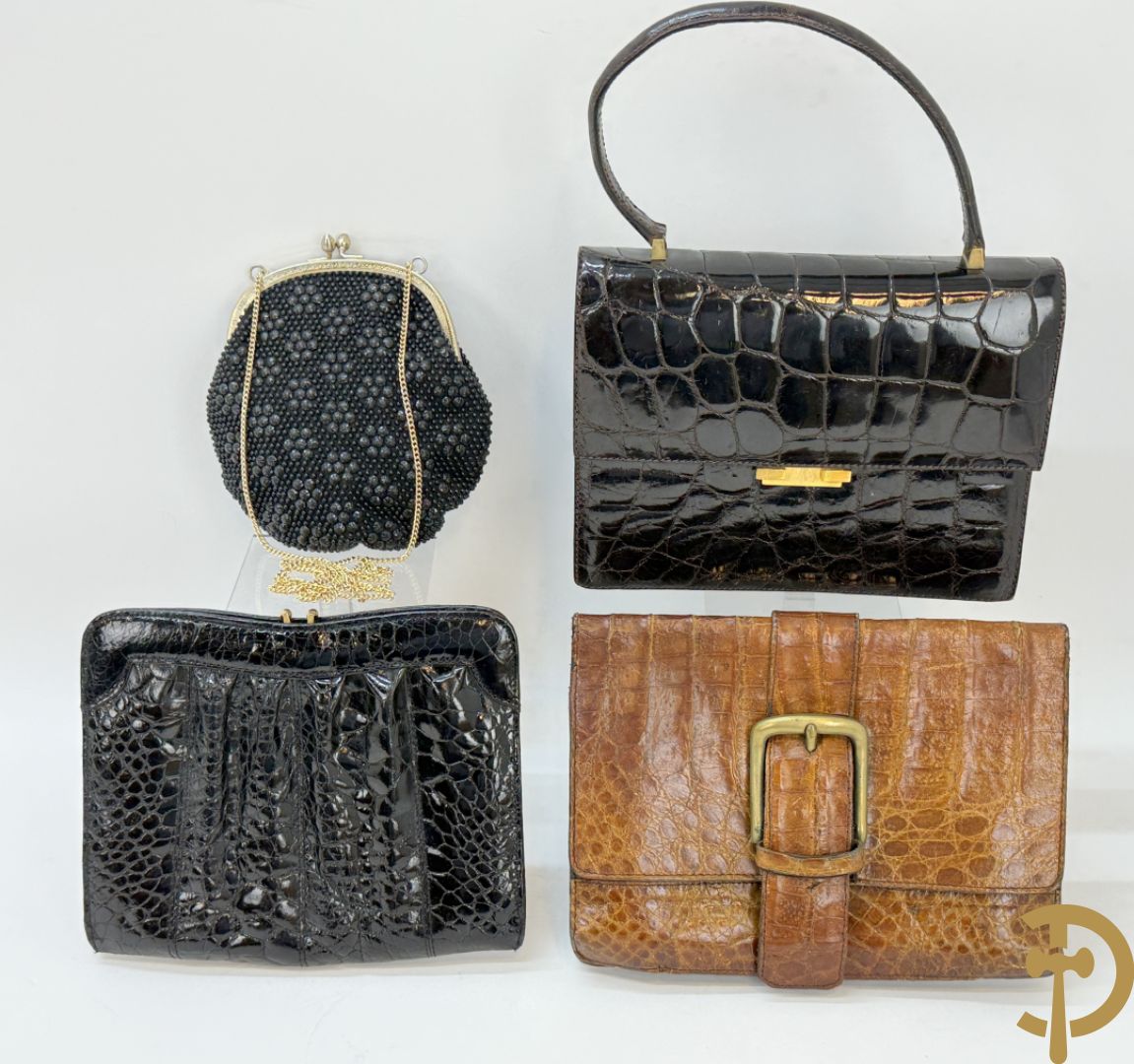 Kroko zwart lederen handtas, Le Sellier Bruxelles + zwart lederen kroko clutch + bruin lederen kroko enveloppetas + toneelhandtasje