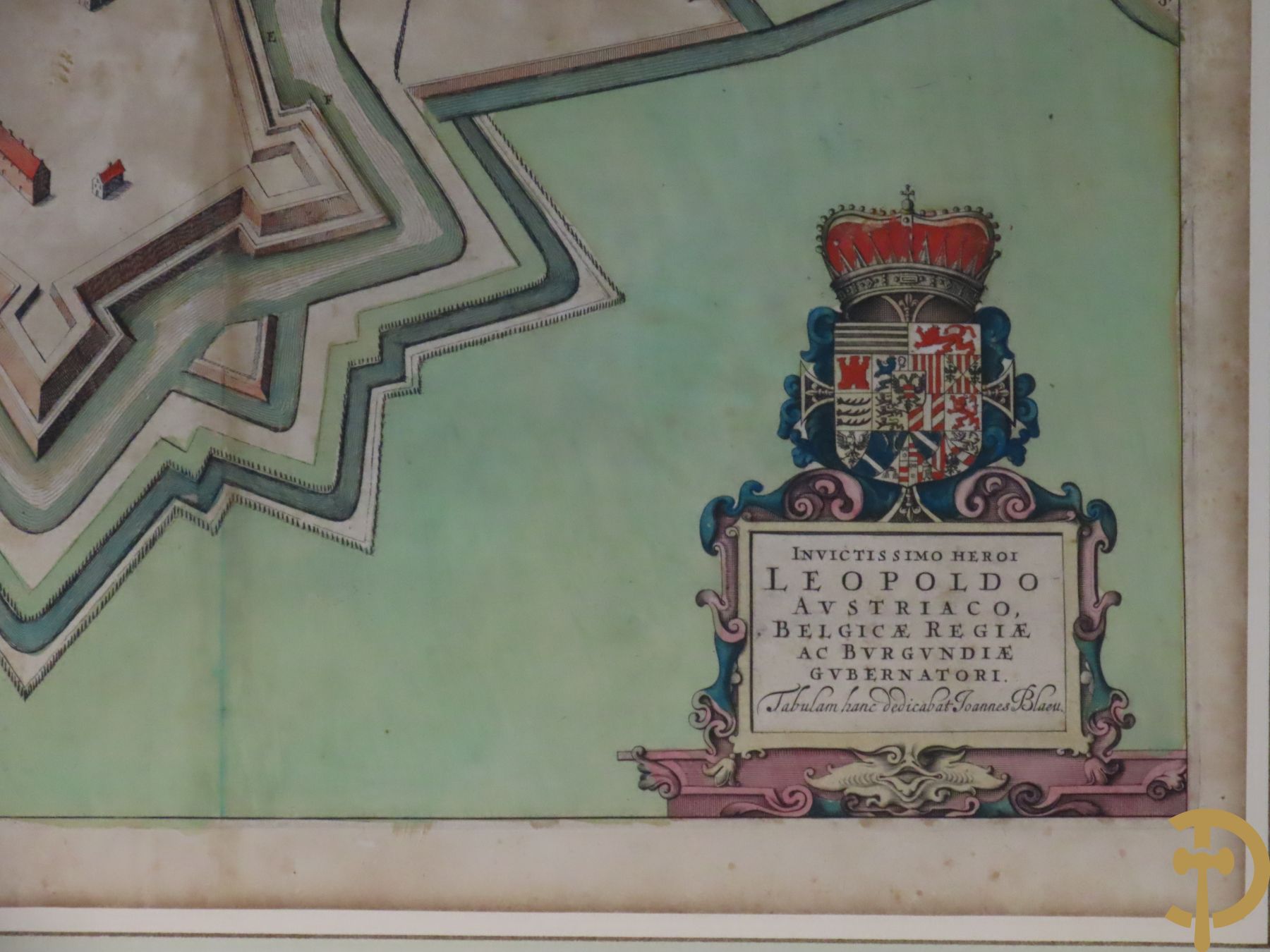 Oude kaart Joannes Blaeu Kortrijk, Nova Arx Cortracencis, met wapenschild