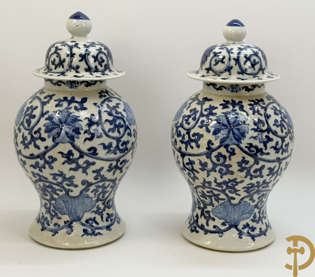 Paar Chinese dekselpotiches in blauw wit porselein met bloemendecor en accanthusranken