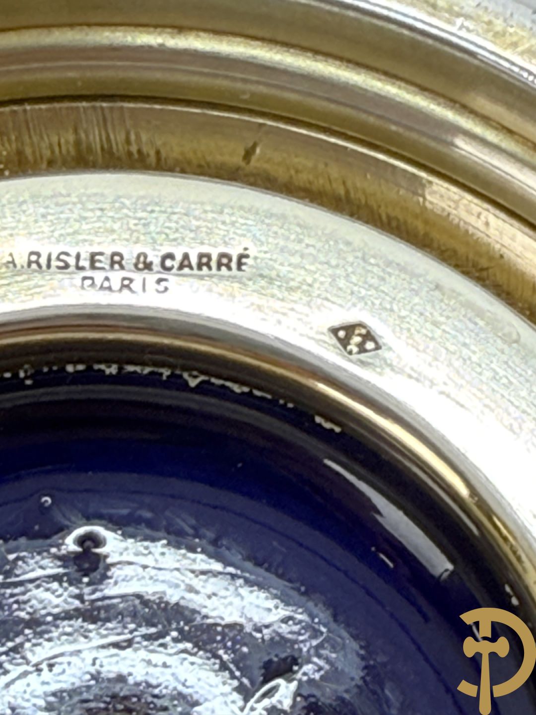 Paar Franse blauwe porseleinen vaasjes met massief zilveren hals en voet, Risler & Carre Paris gemerkt en gesigneerd R & C in ruitvorm