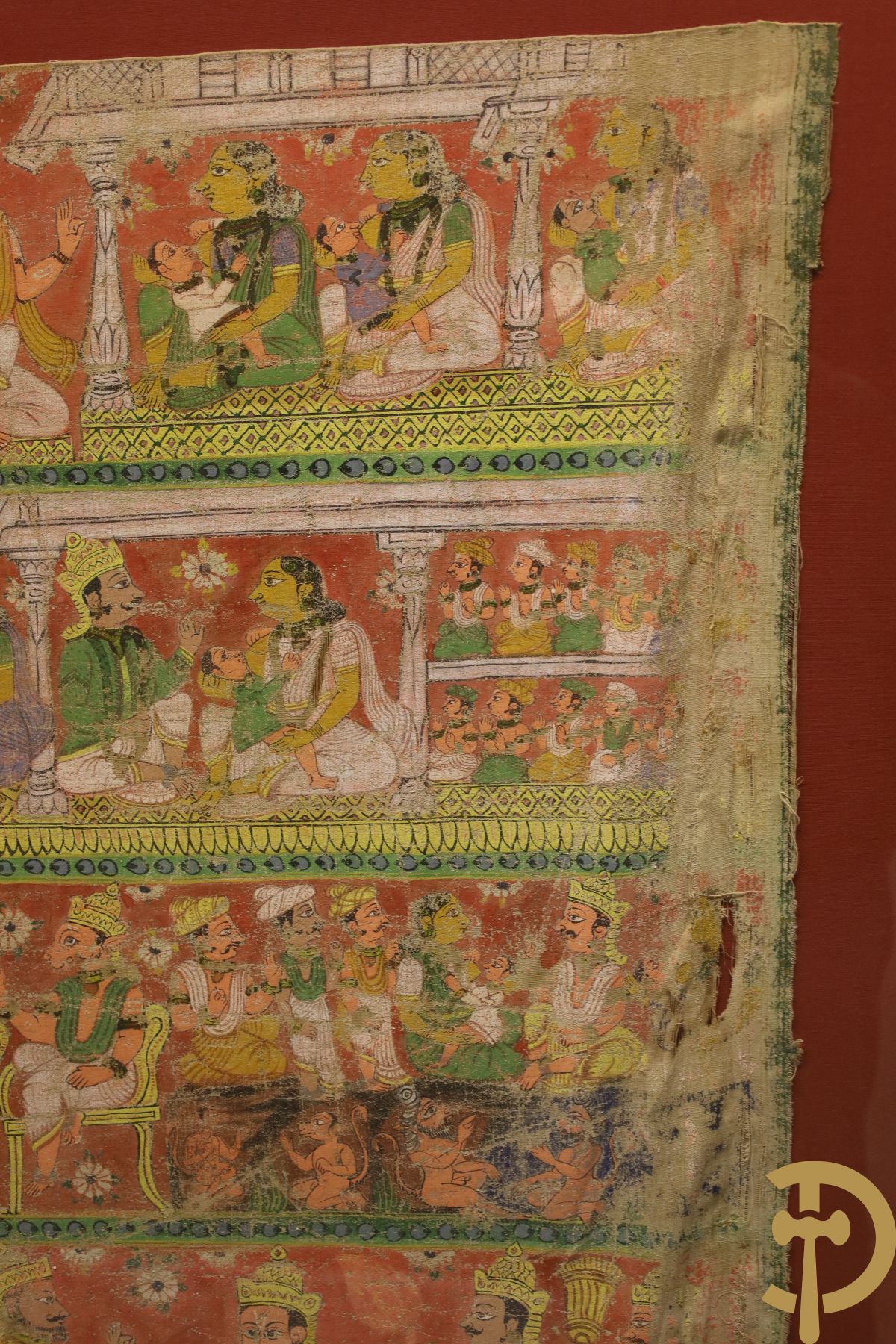 Antiek Indisch handbeschilderd doek met figuren, Shiva, 18e - 19e