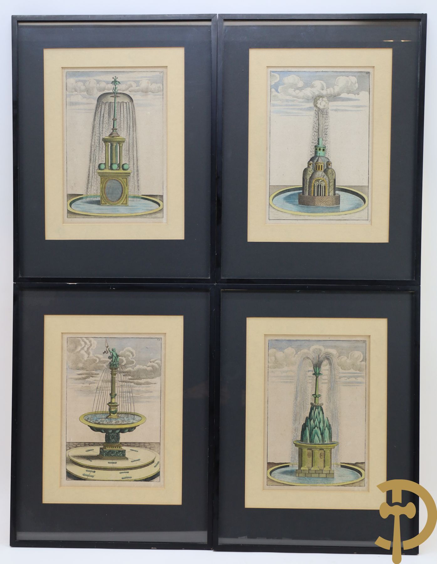 Set van 4 oude genummerde 18e gravures met afbeeldingen van fonteinen