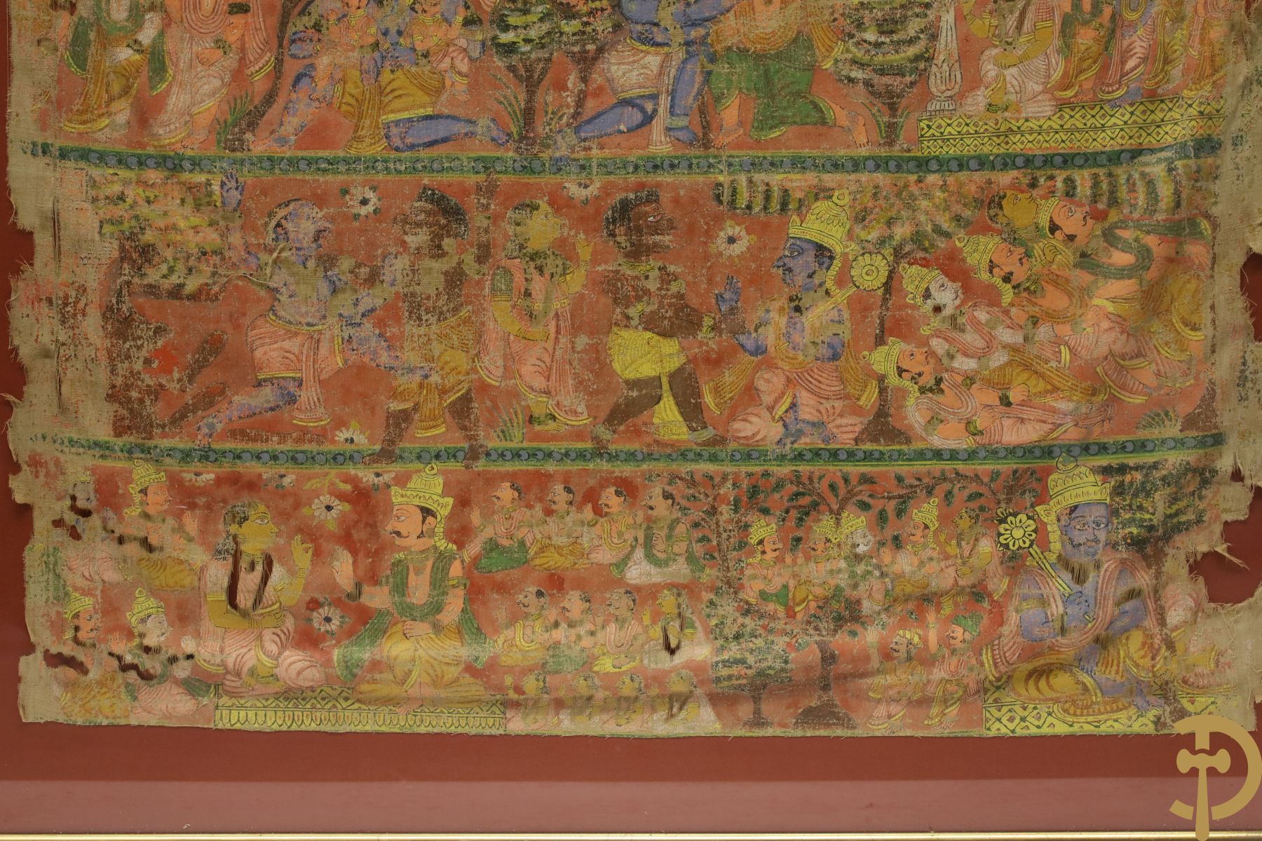 Antiek Indisch handbeschilderd doek met figuren, Shiva, 18e - 19e