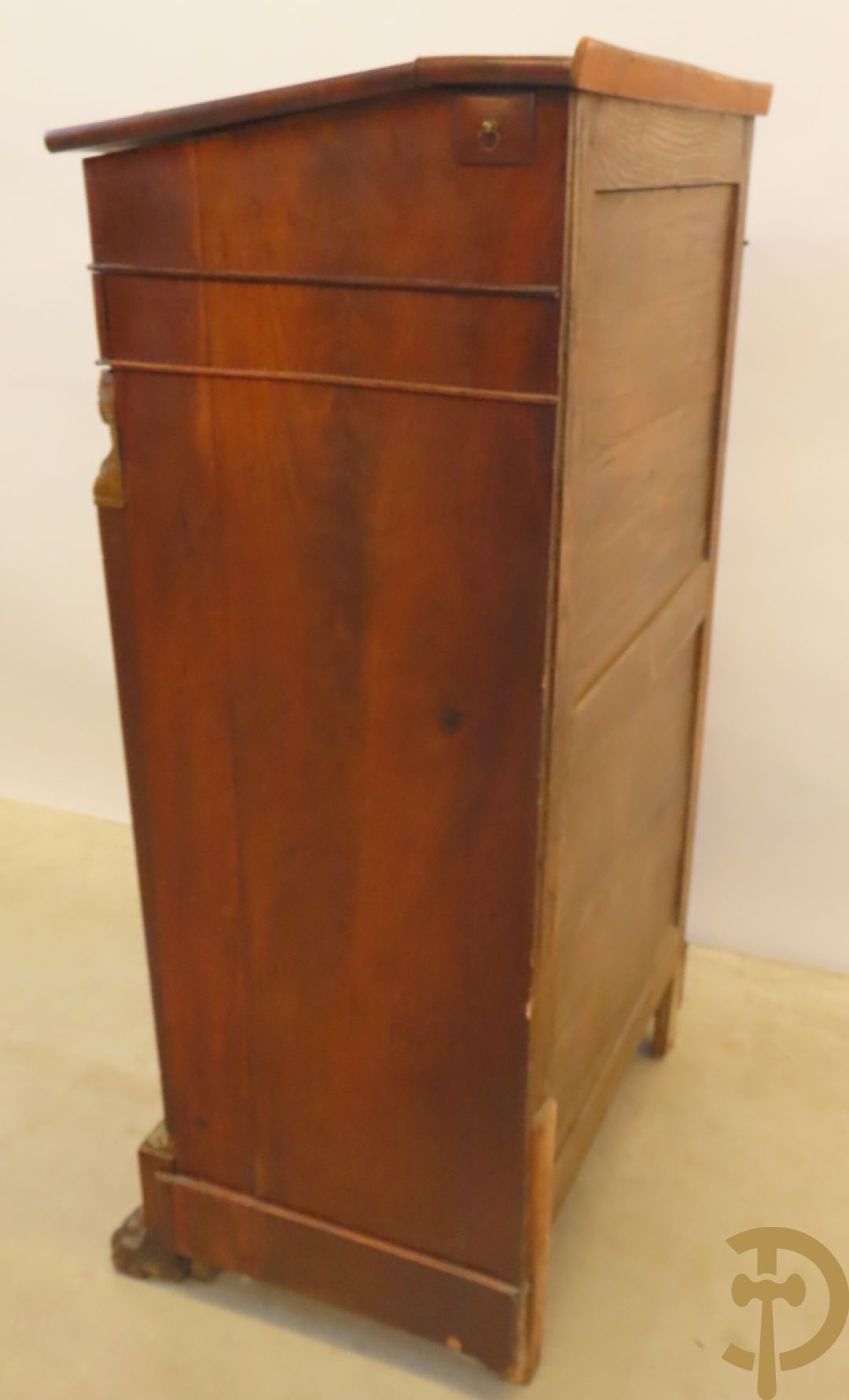 Mahoniehouten zesladenkast met schrijfblad bovenaan, Empire