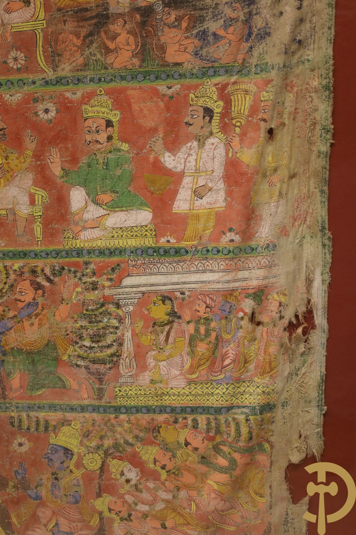 Antiek Indisch handbeschilderd doek met figuren, Shiva, 18e - 19e