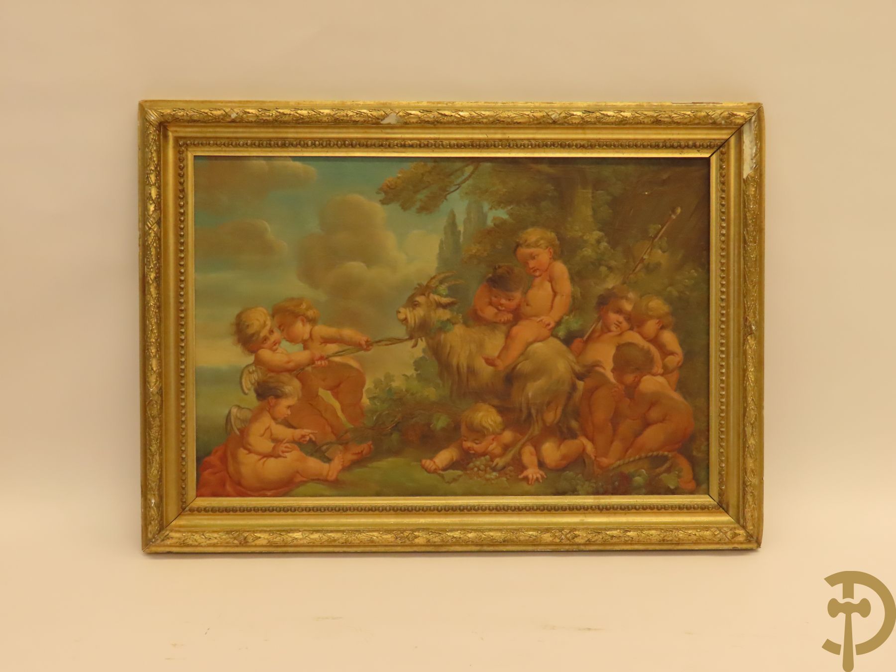 Ongetekend 'Romantische scène met cupido's en bok in loofrijke omgeving' olie op doek in vergulde Louis XVI lijst