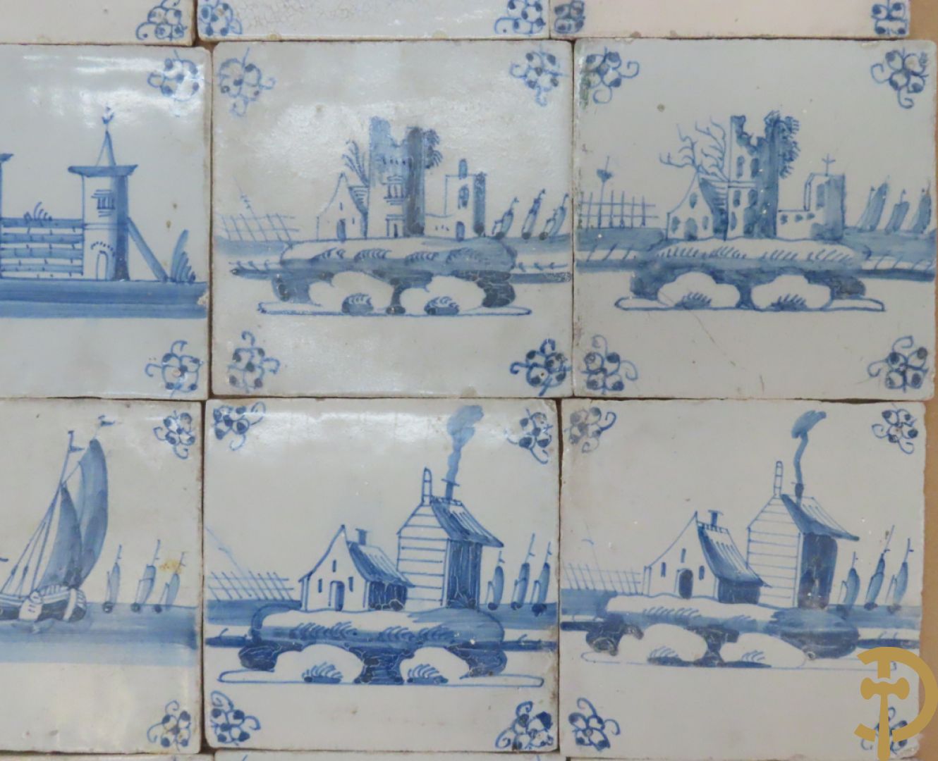 Set oude Delftse tegeltjes met landschappen, waterputten, kastelen, ...