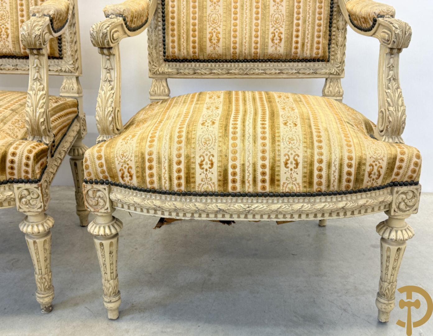 Gemonochromeerd salonensemble met gesculpteerde bladranken bestaande uit canapé, 2 armzetels en 3 stoelen