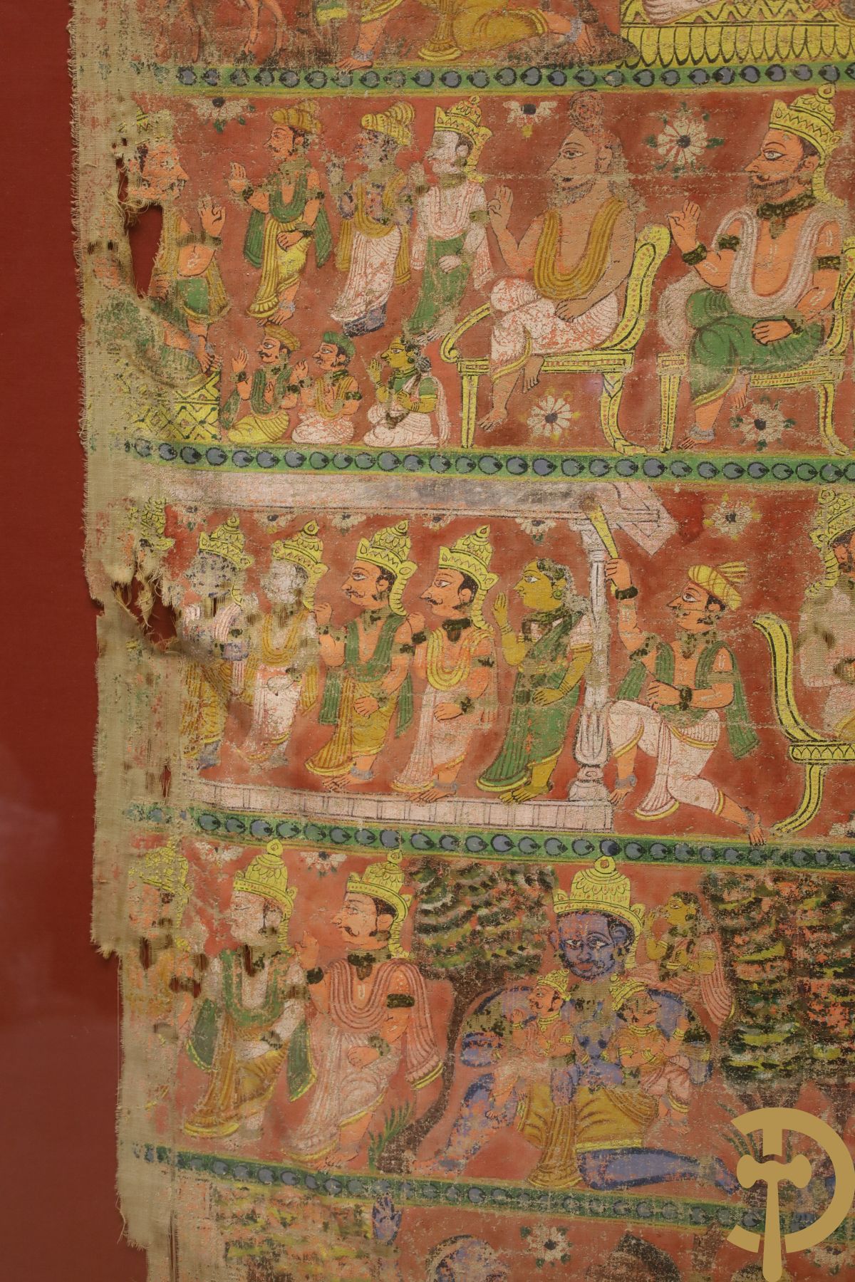 Antiek Indisch handbeschilderd doek met figuren, Shiva, 18e - 19e