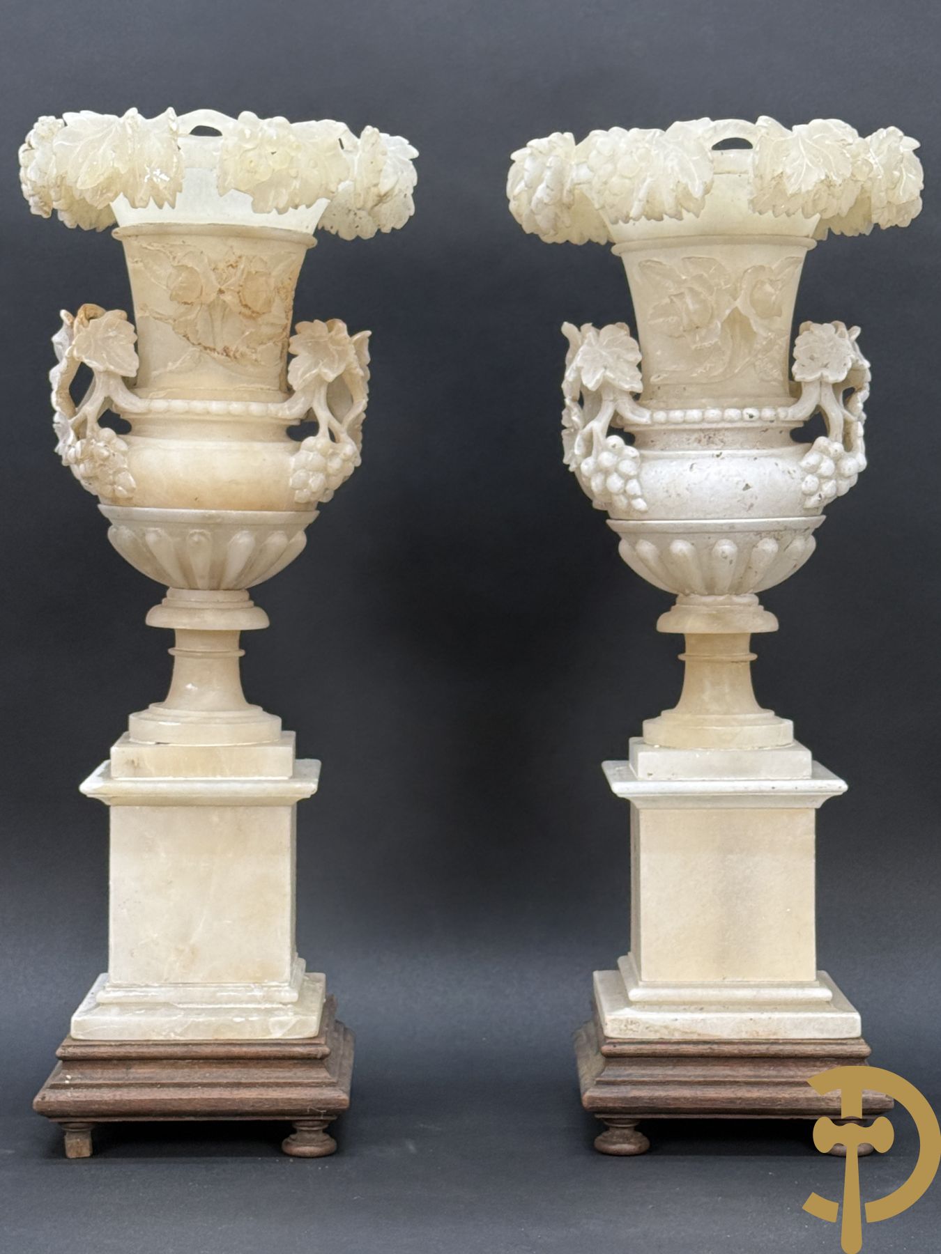 Paar handgesculpteerde albasten vazen met bloemen- en accanthusranken