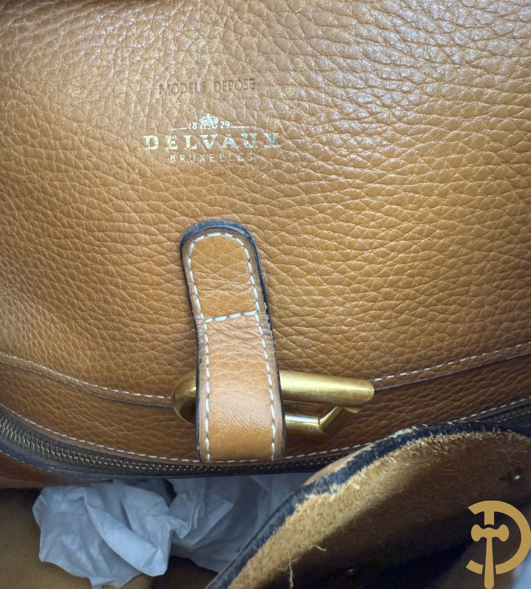 Cognac lederen schoudertas Faust Delvaux met bijhorende stoffen zak