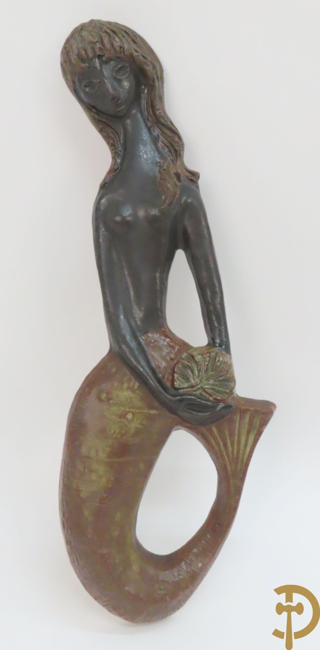 Moderne keramieken kleurrijke vintage coupe, gemerkt Perignem + Keramiek beeld van zeemeermin,  Amfora Vandeweghe