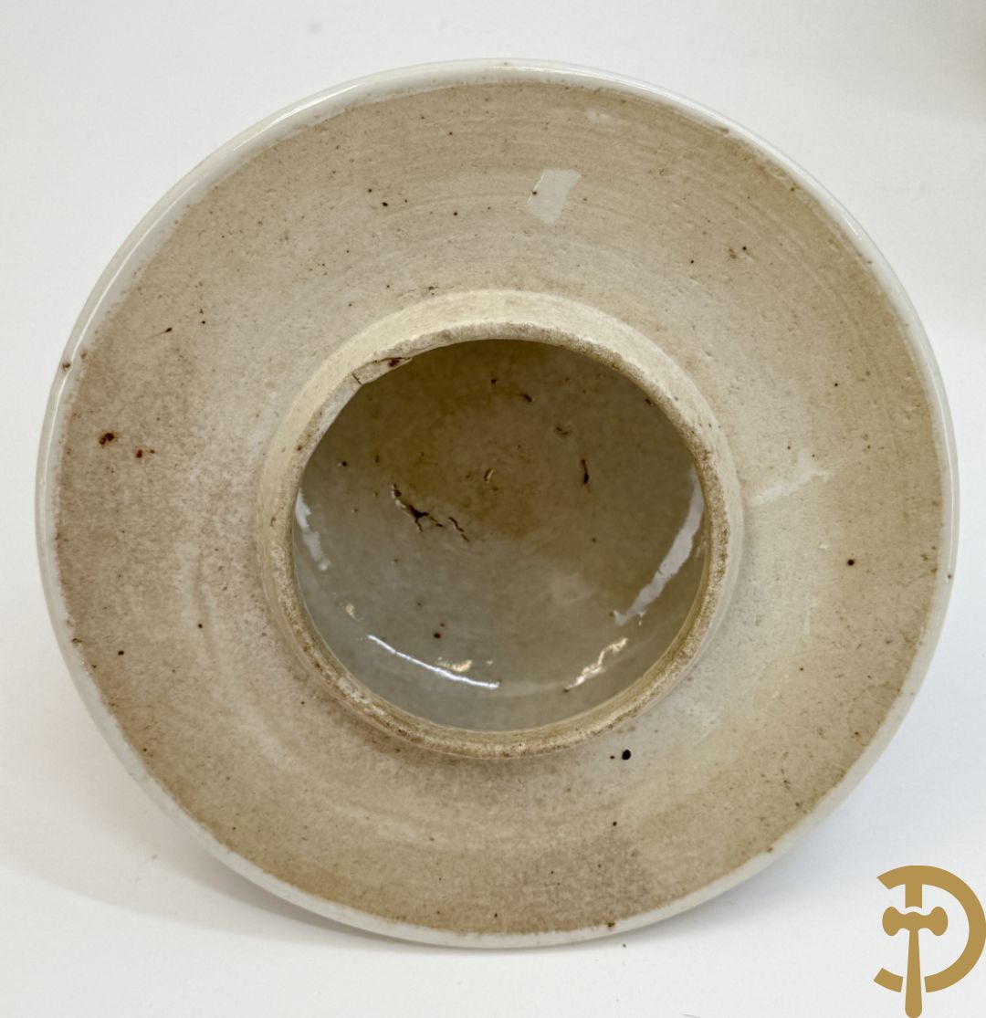 Paar Chinese dekselpotiches in blauw wit porselein met bloemendecor en accanthusranken