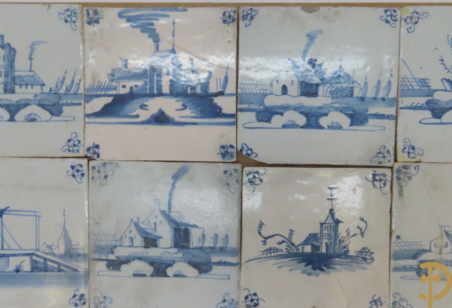 Set oude Delftse tegeltjes met landschappen, waterputten, kastelen, ...