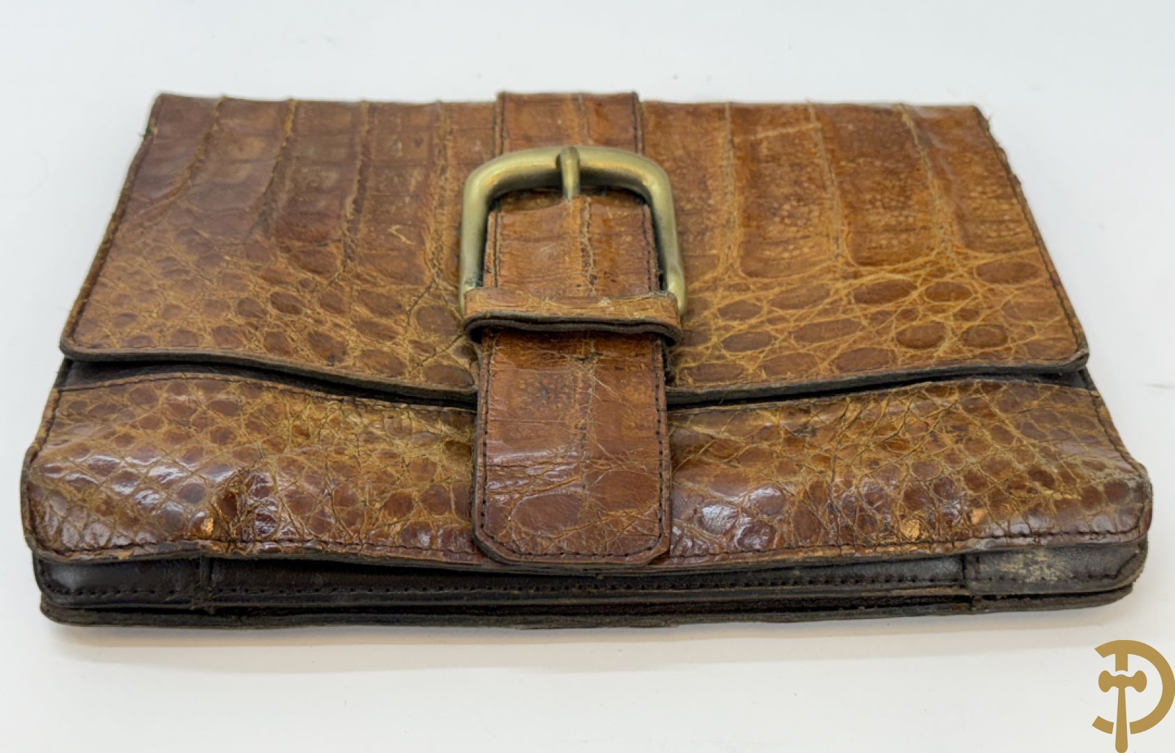 Kroko zwart lederen handtas, Le Sellier Bruxelles + zwart lederen kroko clutch + bruin lederen kroko enveloppetas + toneelhandtasje