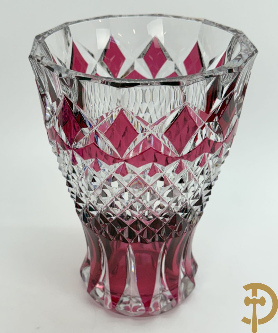 Val Saint Lambert : Rode kristallen vaas + blauwe pique fleur