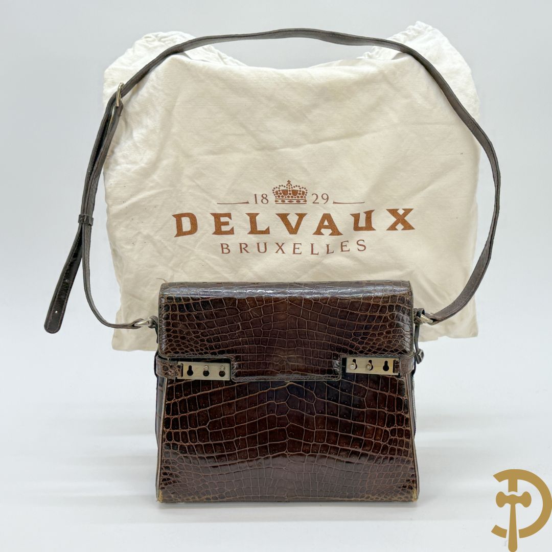 Vintage Delvaux handtas in kroko in bijhorende zak