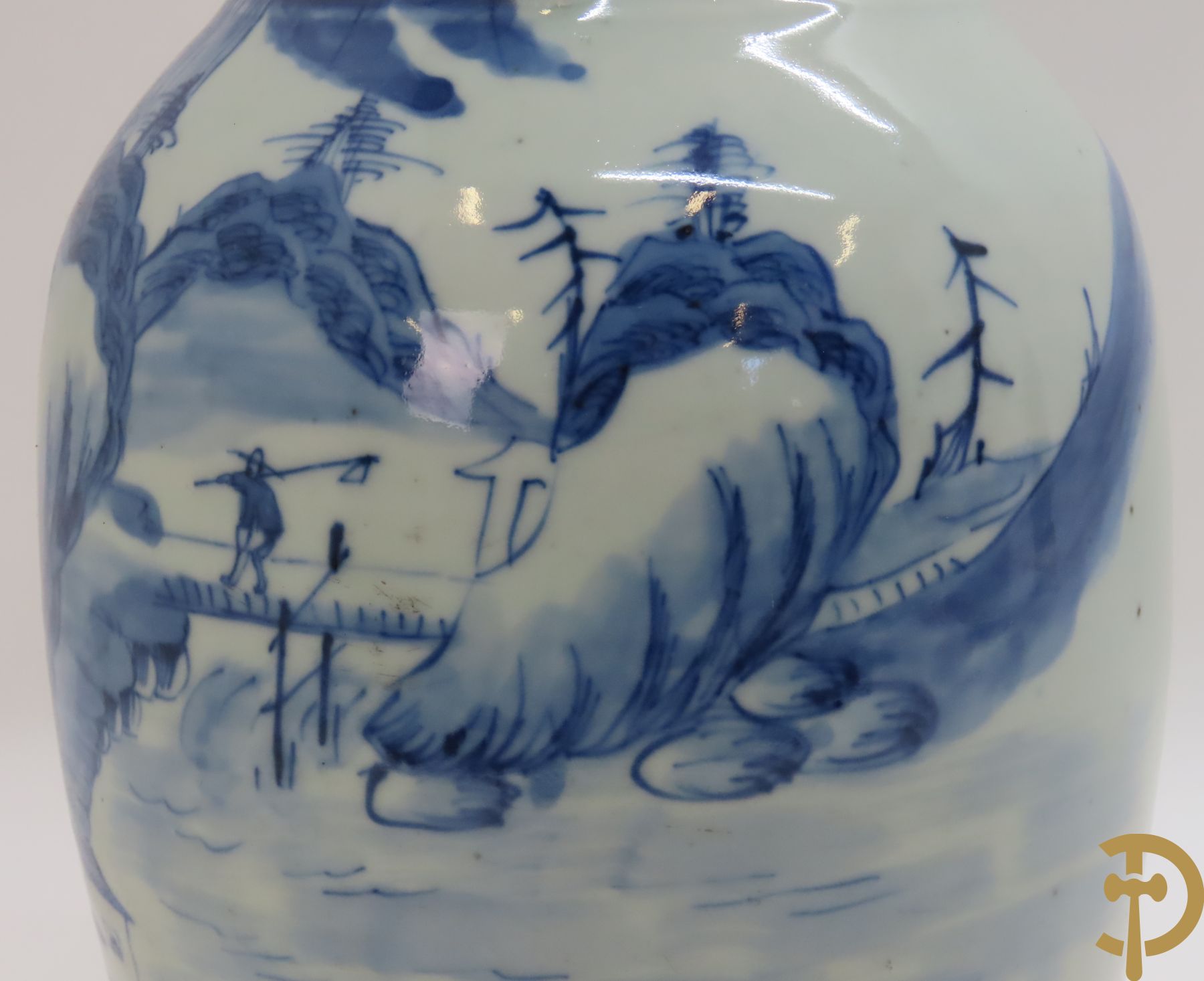 Chinese porseleinen vaas met geanimeerd blauw/wit landschapsdecor en huizenzicht