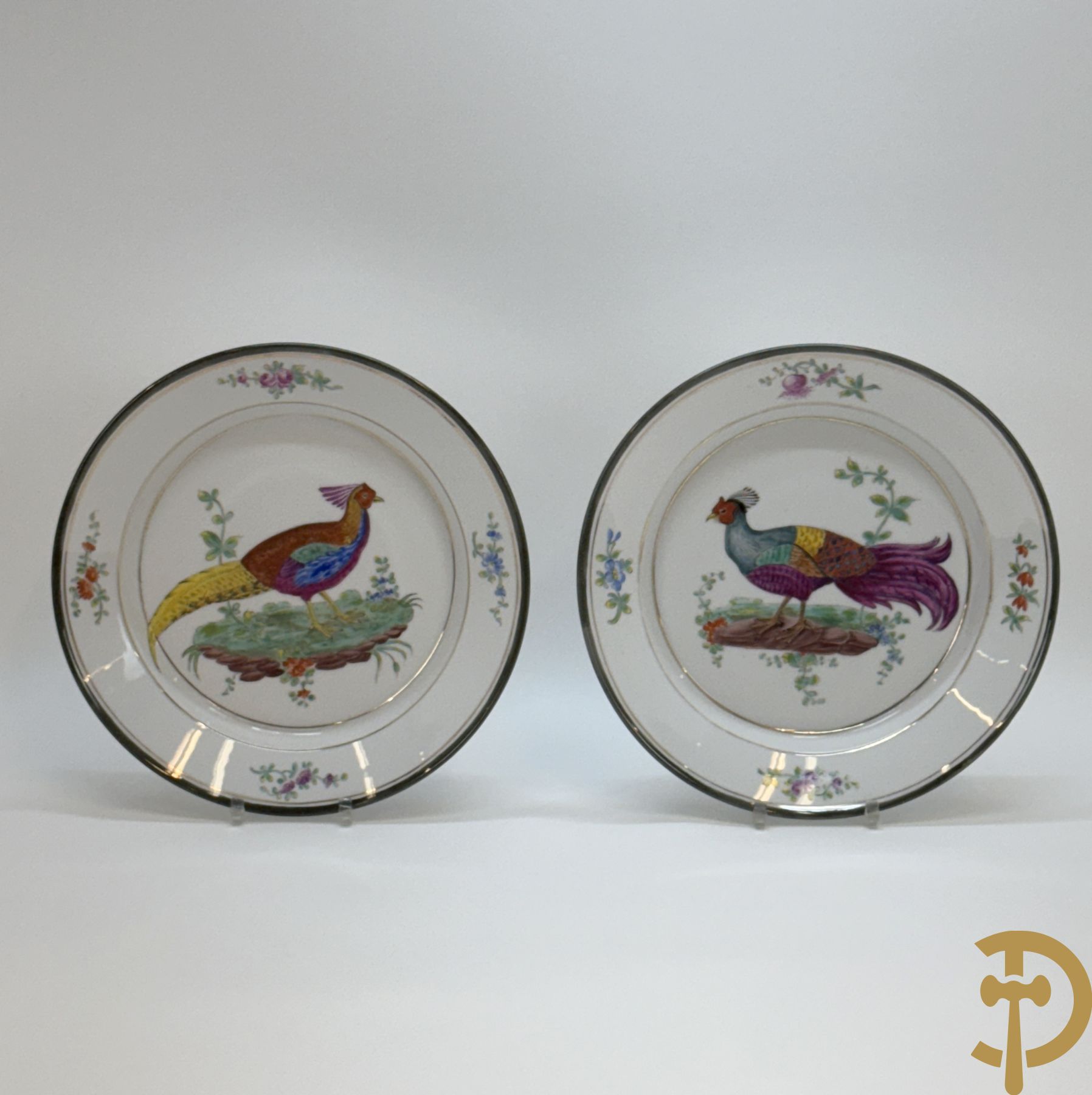 Paar handgekleurde Franse porseleinen borden met vogeldecor, 19e