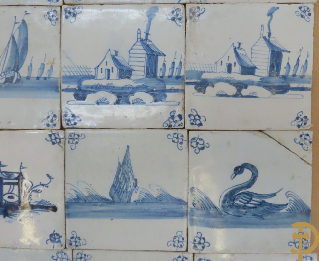 Set oude Delftse tegeltjes met landschappen, waterputten, kastelen, ...