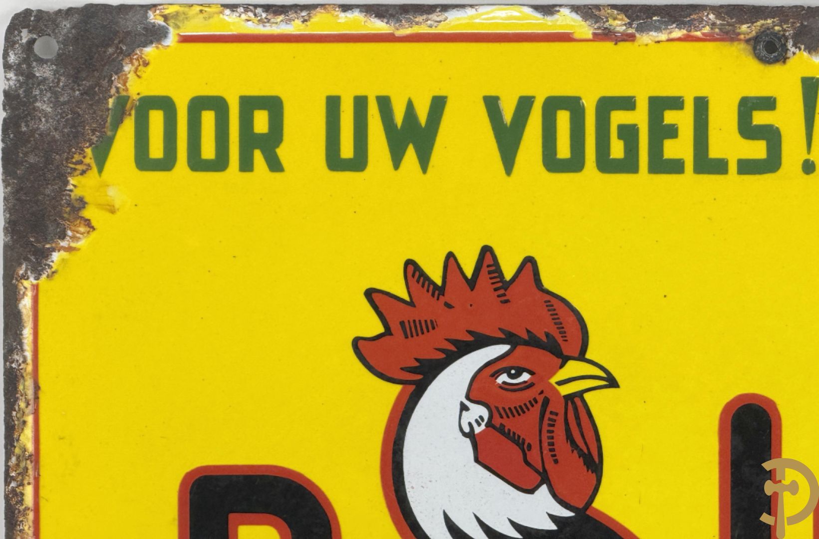 Oude emailplaat P. Sluis, voor uw vogels, universeel voer - begin jaren 