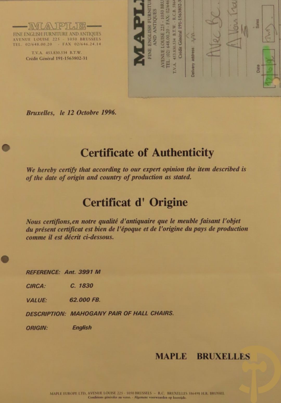 Twee Engelse mahoniehouten hall chairs, 2e helft 19e